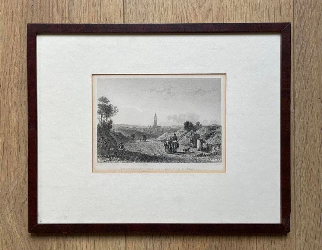 Antieke ingelijste staalgravure van Amersfoort naar Utrecht, Antiek en Kunst, Kunst | Etsen en Gravures, Ingelijst, 1800 - 1899