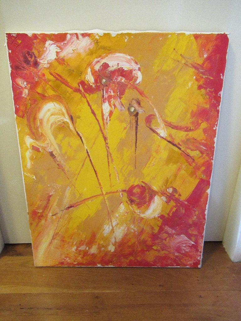 MODERN OLIEVERF SCHILDERIJ Oranje/geel wit niet gesign. € 25, Abstract, Ophalen of Verzenden, Olieverf, Op houten frame