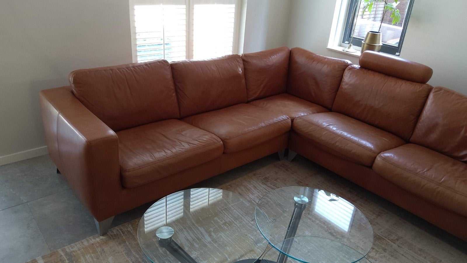Machalke Lederen Hoekbank 2.6x2.6 meter. Cognac kleurig, Huis en Inrichting, Ophalen, Gebruikt, Leer, Modern, Tijdloos