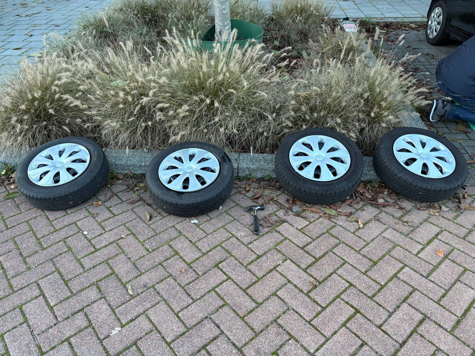 Continental zomerbanden 14” met velgen en Peugeot wieldoppen, Ophalen, 14 inch, Gebruikt, 175 mm