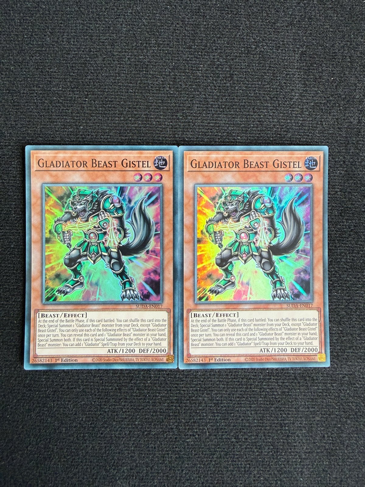 2x Yu-Gi-Oh! Gladiator Beast Gistel - SR - SUDA-EN017 1st, Verzenden, Zo goed als nieuw, Losse kaart