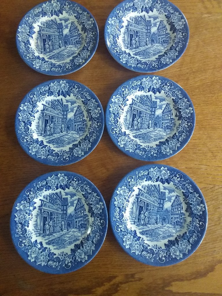 6 oude blauwe bordjes Dickens serie Engeland, Antiek en Kunst, Ophalen