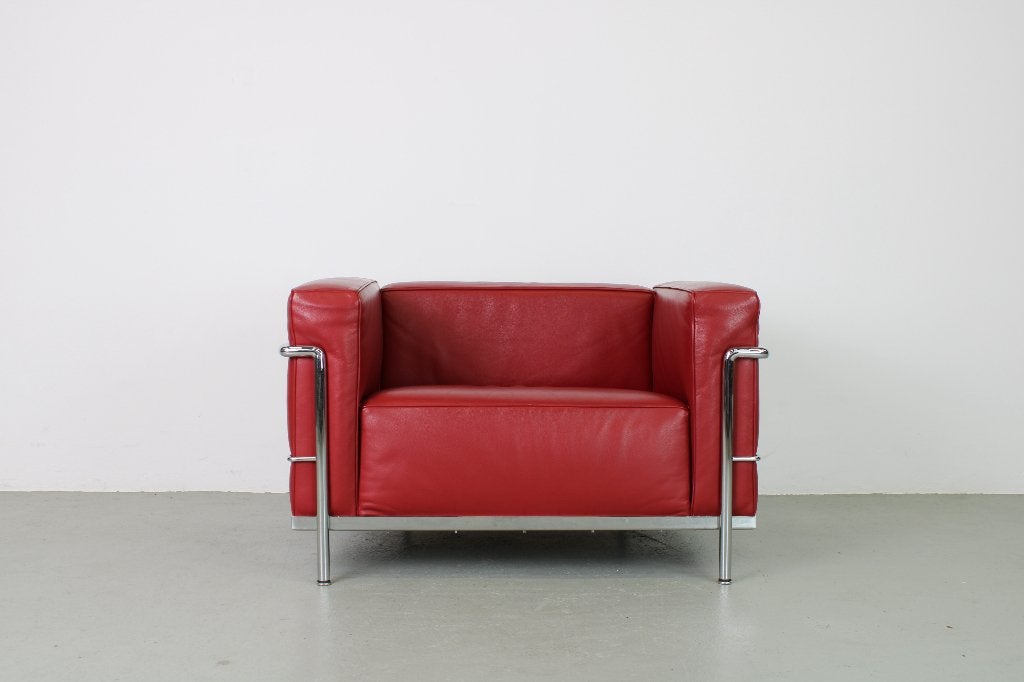 Cassina Le Corbusier LC3 fauteuil, rood leer, Ophalen, Gebruikt, 50 tot 75 cm, Leer