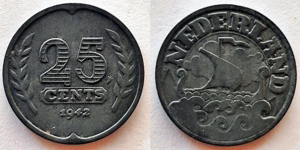 25 cent 1942 Zink, Verzenden, Koningin Wilhelmina, 25 cent