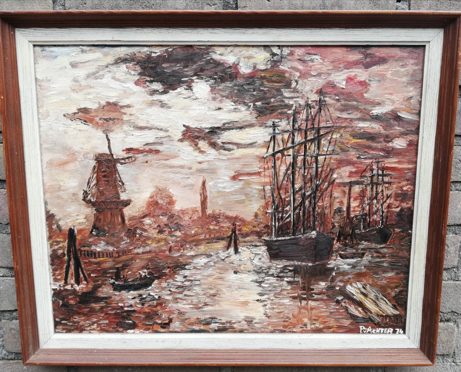 R'DAM, Molen a/d vaart. Impressionistich/divionistisch, Antiek en Kunst, Kunst | Schilderijen | Klassiek, Ophalen