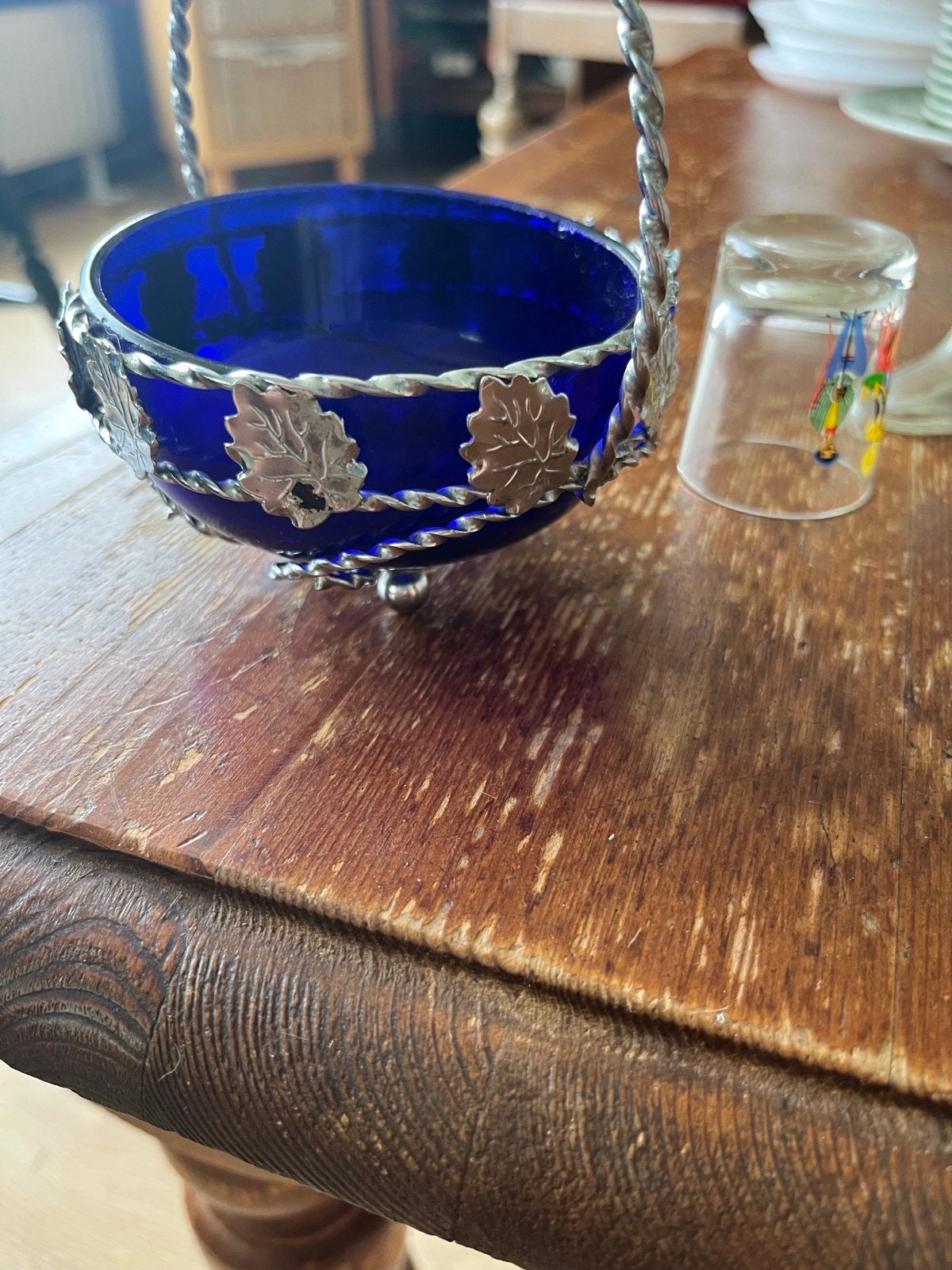 Antiek blauw glazen schaaltje met zilveren decoratie, Ophalen of Verzenden
