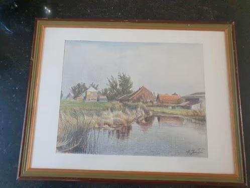 Kleur potlood tekening Hollands Landschap A. Janssen, Antiek en Kunst, Kunst | Tekeningen en Foto's, Ophalen