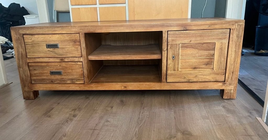 TV meubel en tafel, Ophalen, Gebruikt, 100 tot 150 cm, Donker hout