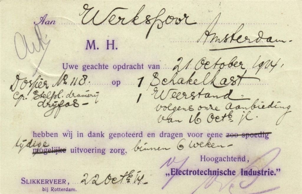 Electrotechnische Industrie, Slikkerveer - 10.1914 - briefka, Postzegels en Munten, Brieven en Enveloppen | Nederland, Ophalen of Verzenden