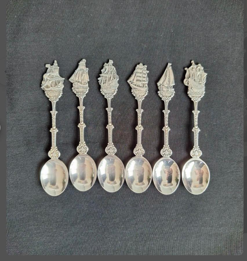 6 verzilverde theelepels.  Historische schepen., Antiek en Kunst, Ophalen of Verzenden