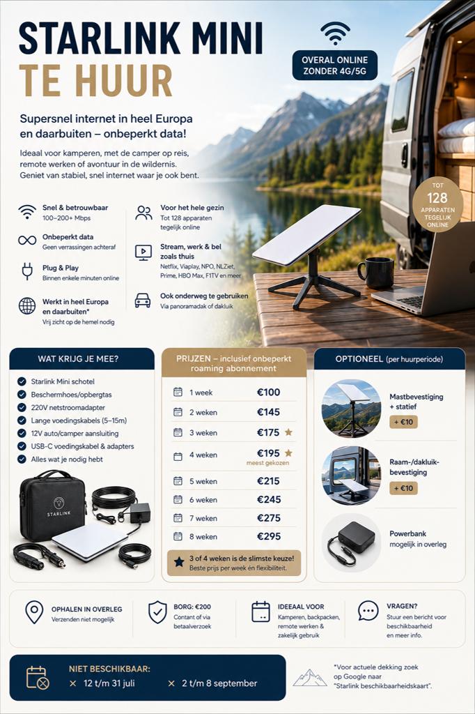 Starlink Mini te huur – supersnel internet in heel Europa, Computers en Software, Routers en Modems, Ophalen, Nieuw