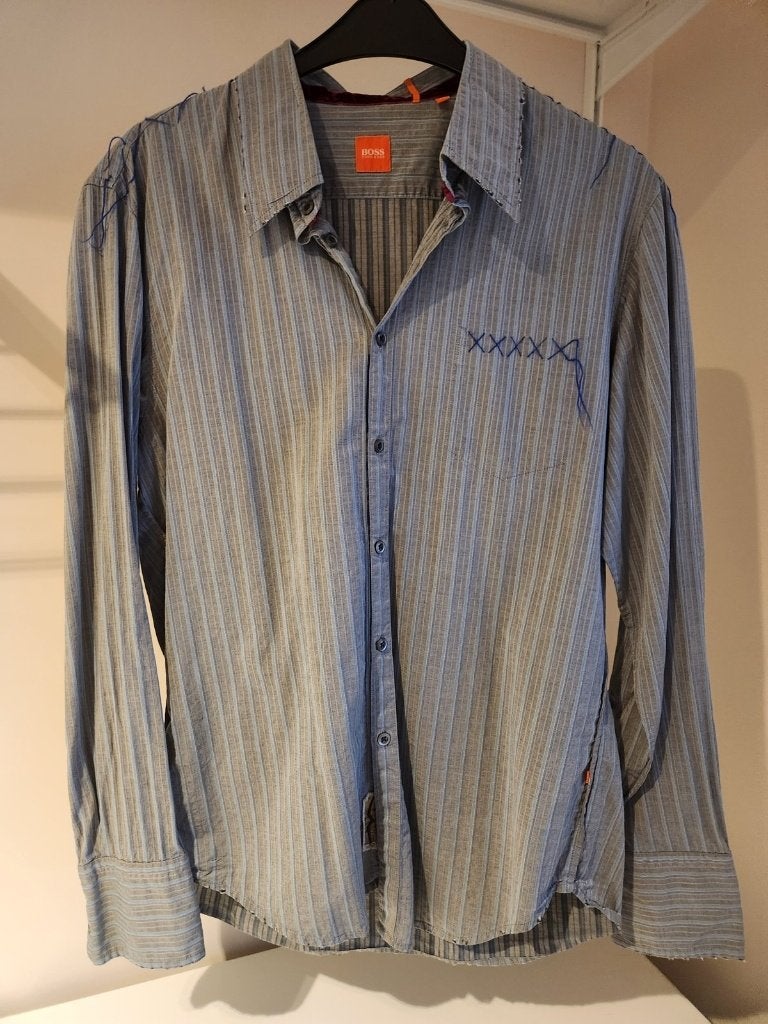 Boss Orange overhemd grijs-blauw gestreept, maat XL, Boss Orange, Ophalen of Verzenden, Zo goed als nieuw, Grijs