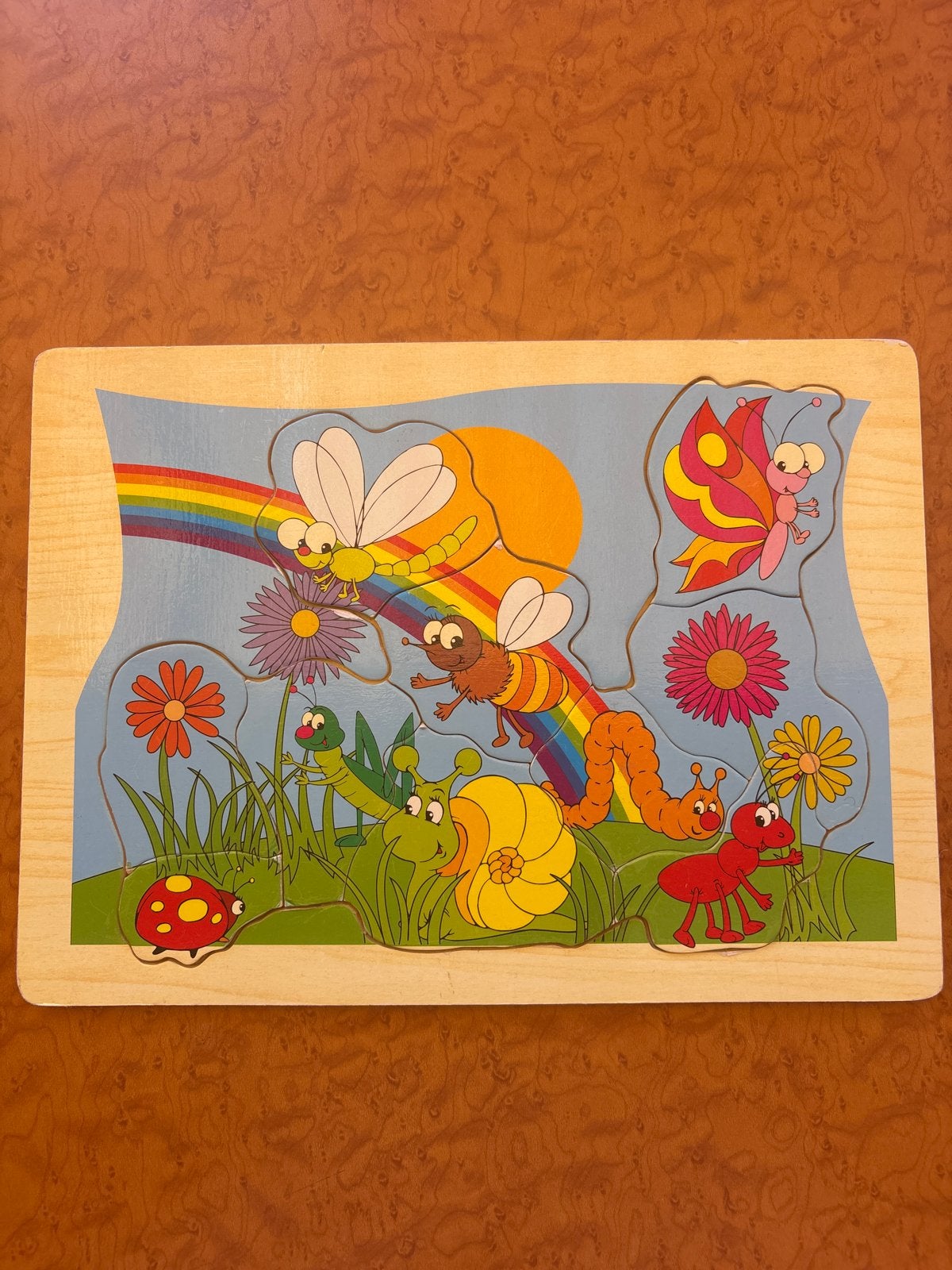 Houten Puzzel met Insecten en Regenboog, 2 tot 4 jaar, Gebruikt, Ophalen of Verzenden, Van hout