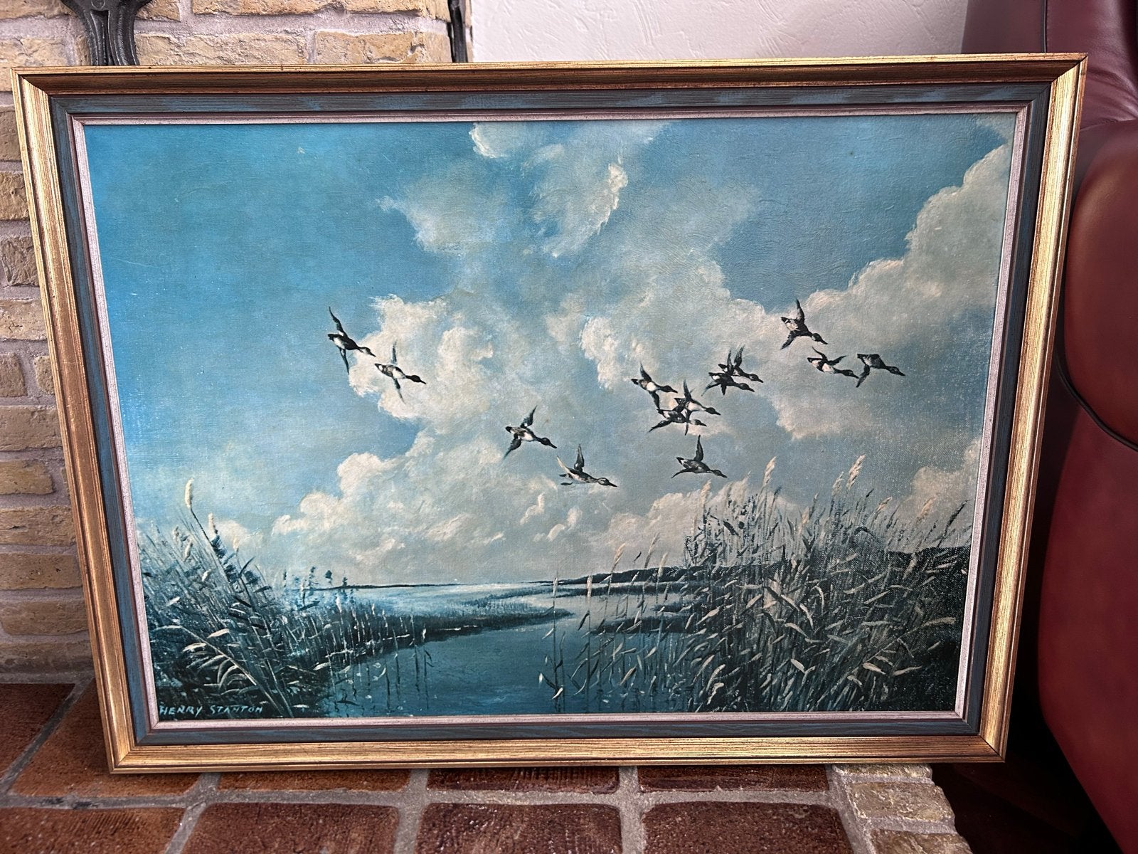 Olieverfschilderij Henry Stanton - Vliegende Eenden, Antiek en Kunst, Ophalen, Doek, Realistisch, Dieren