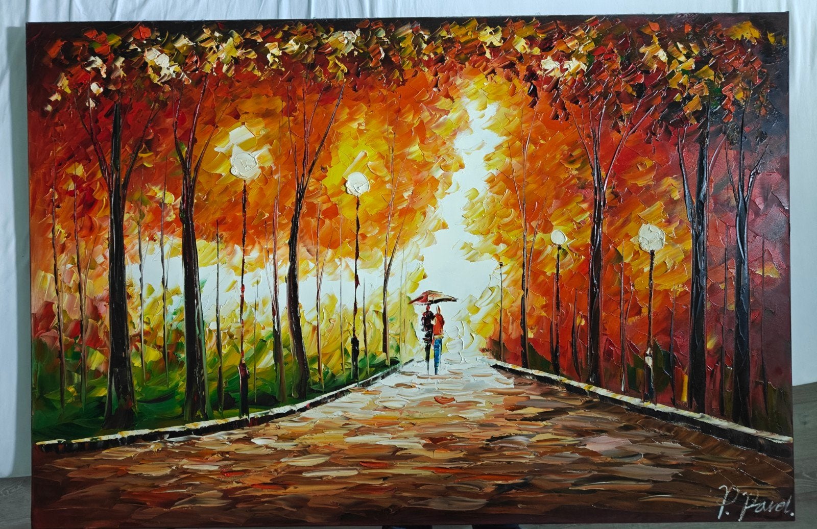 Kleurrijk schilderij herfstpark 120x80 cm, Olieverf, Met textuur, Textiel, Landschap