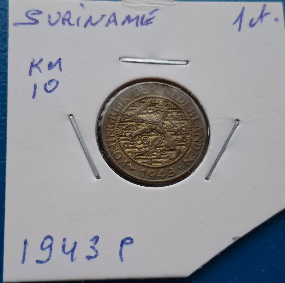 Suriname 1 cent 1943 p (gele kleur) *, Ophalen of Verzenden, Koningin Wilhelmina, 1 cent, Losse munt