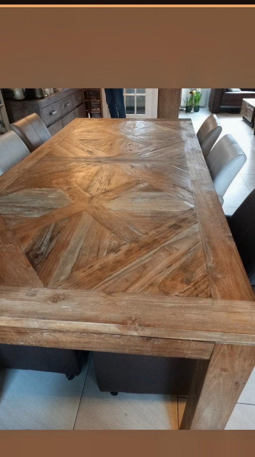Robuuste Teakhouten Eettafel 220x100cm - Ingelegd Blad, Ophalen, Gebruikt, 100 tot 150 cm, Teakhout