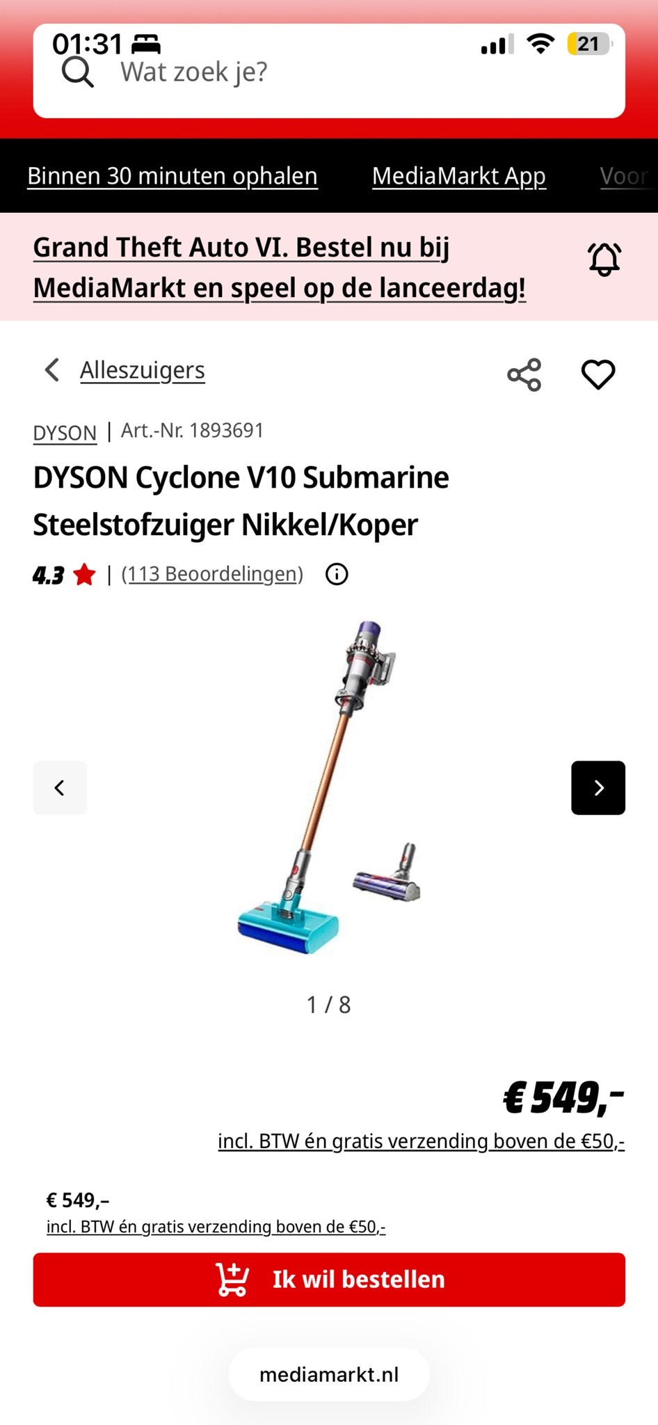 NIEUW IN DOOS Dyson Cyclone V10 Submarine Steelstofzuiger, Ophalen of Verzenden
