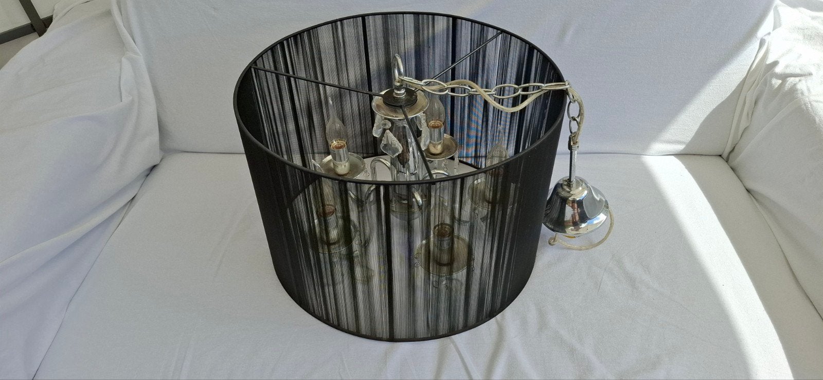 Moderne Kroonluchter met Zwarte Kap en Kristallen, Modern, Klassiek, Glamour, E14 (klein), Ophalen of Verzenden, Zo goed als nieuw