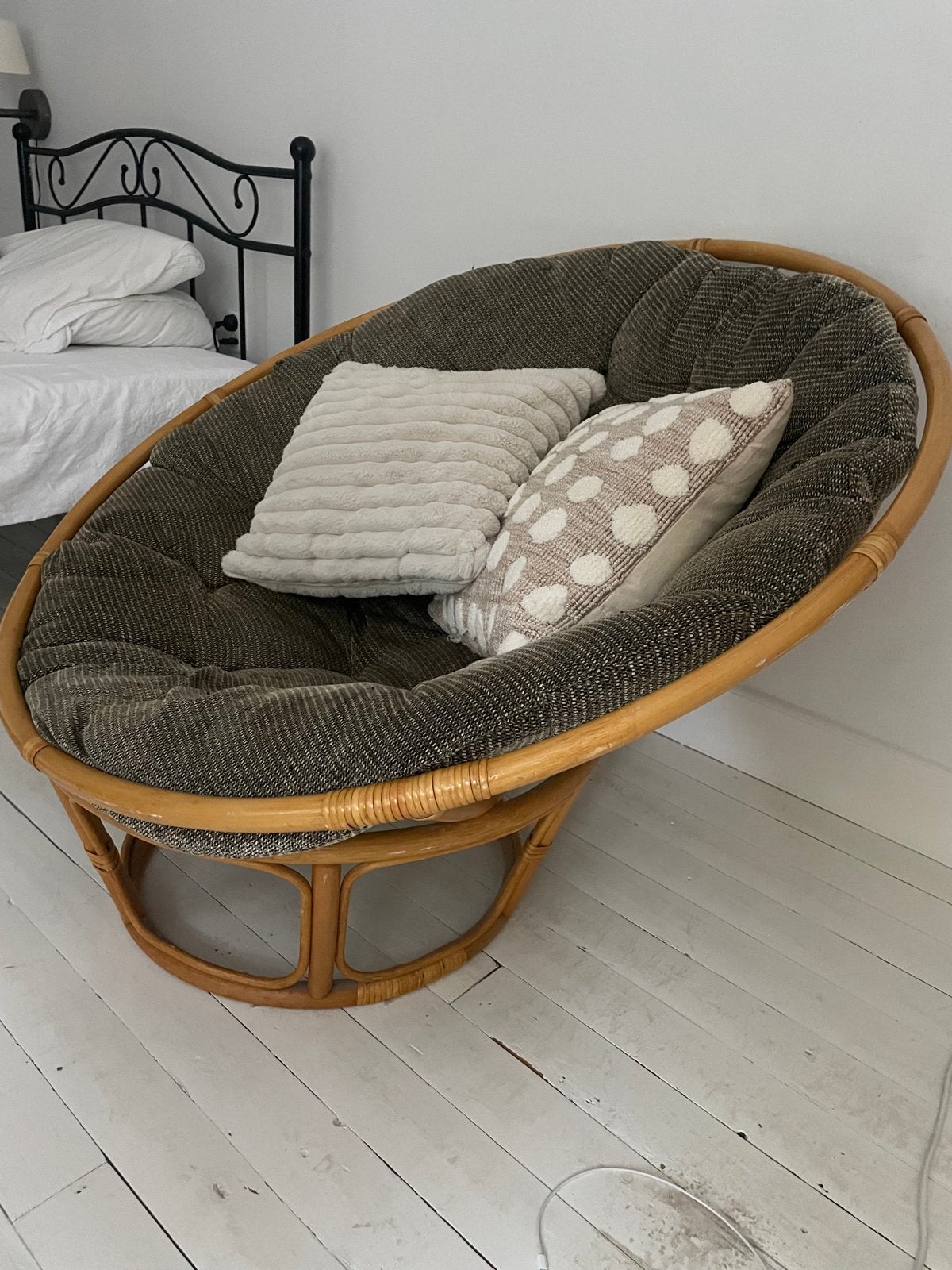 Vintage Rotan Papasan Stoel met Kussen, Huis en Inrichting, Stoelen, Ophalen, Gebruikt, Bruin, Riet of Rotan