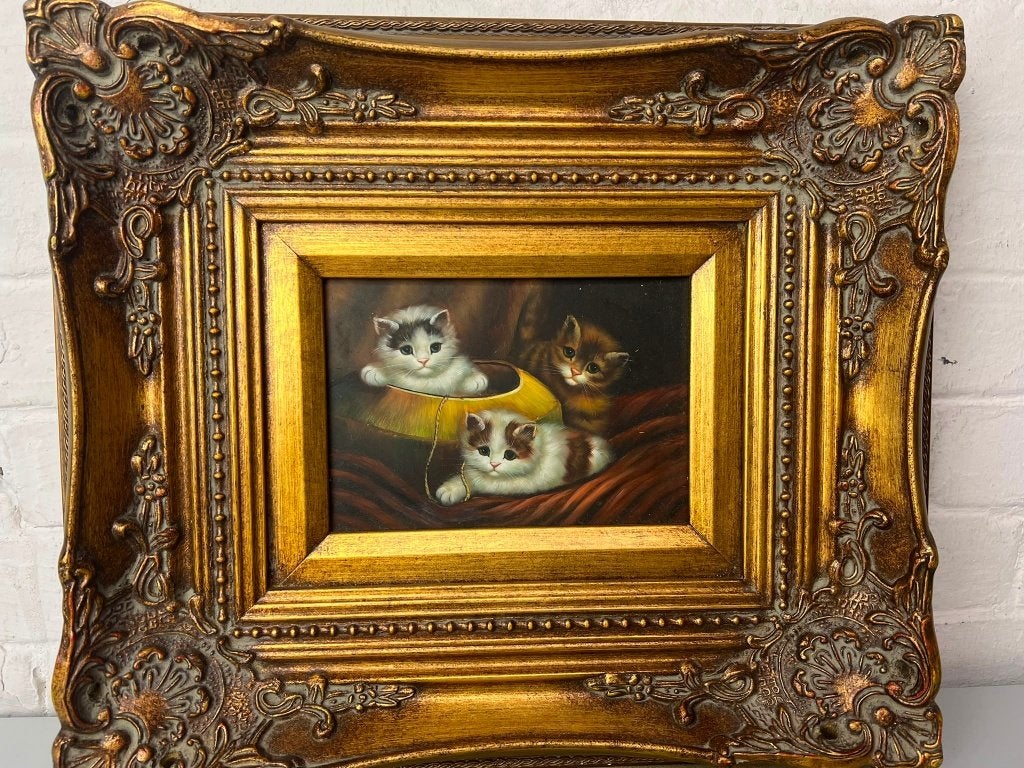 Olieverf Schilderij met 3 kittens, Antiek en Kunst, Kunst | Schilderijen | Klassiek, Ophalen, Ingelijst, Doek, Realistisch