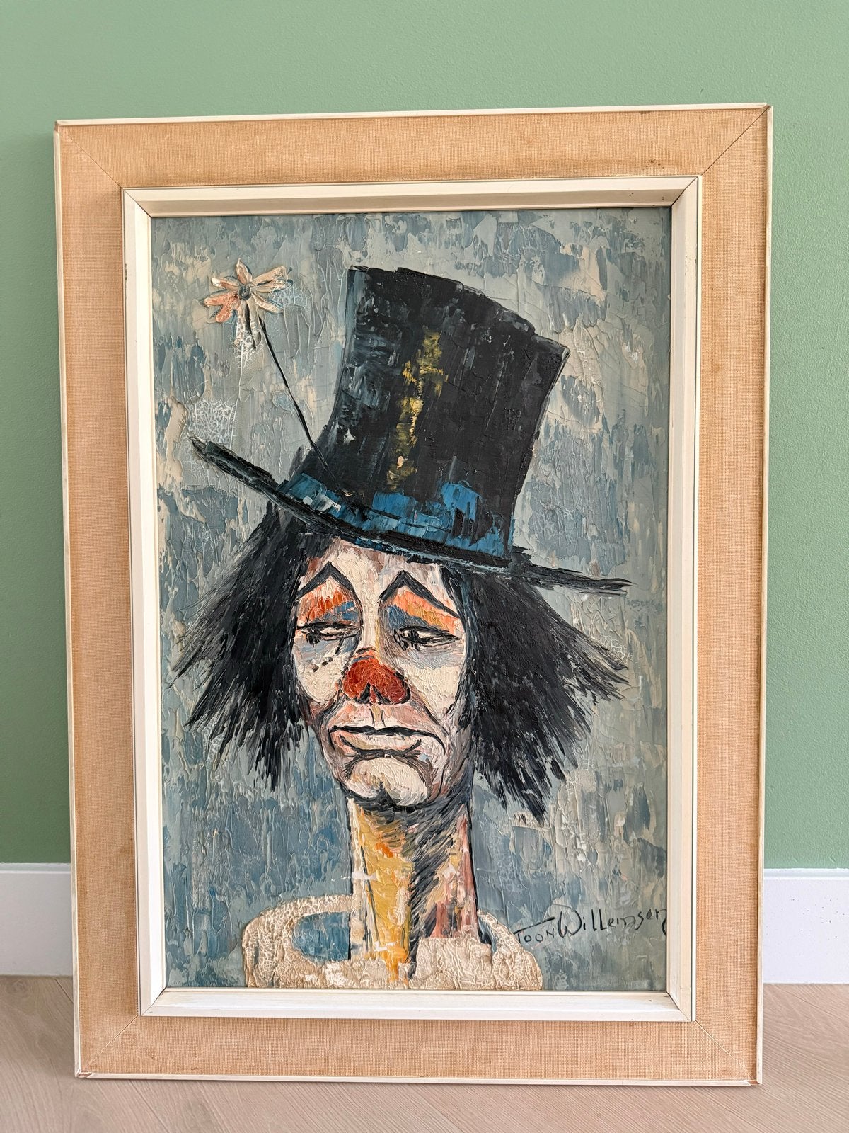 Schilderij Clown met Hoge Hoed - Toon Willemsen, Antiek en Kunst, Ophalen, Doek, Portret of Personen, Realistisch
