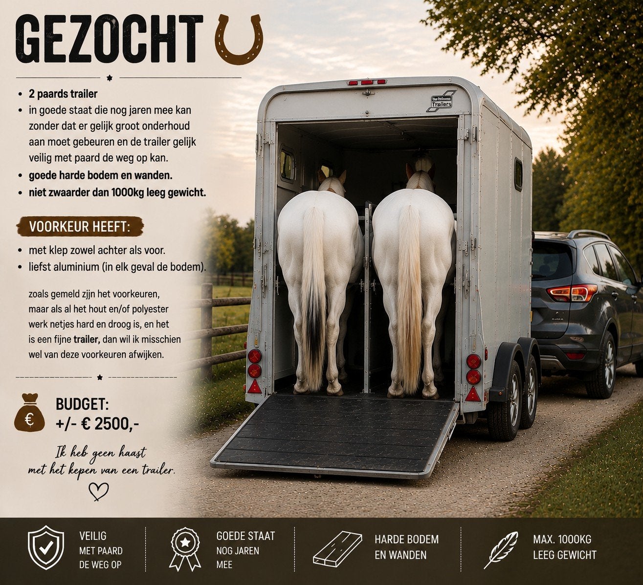 gezocht, 2 paards trailer, Ophalen of Verzenden