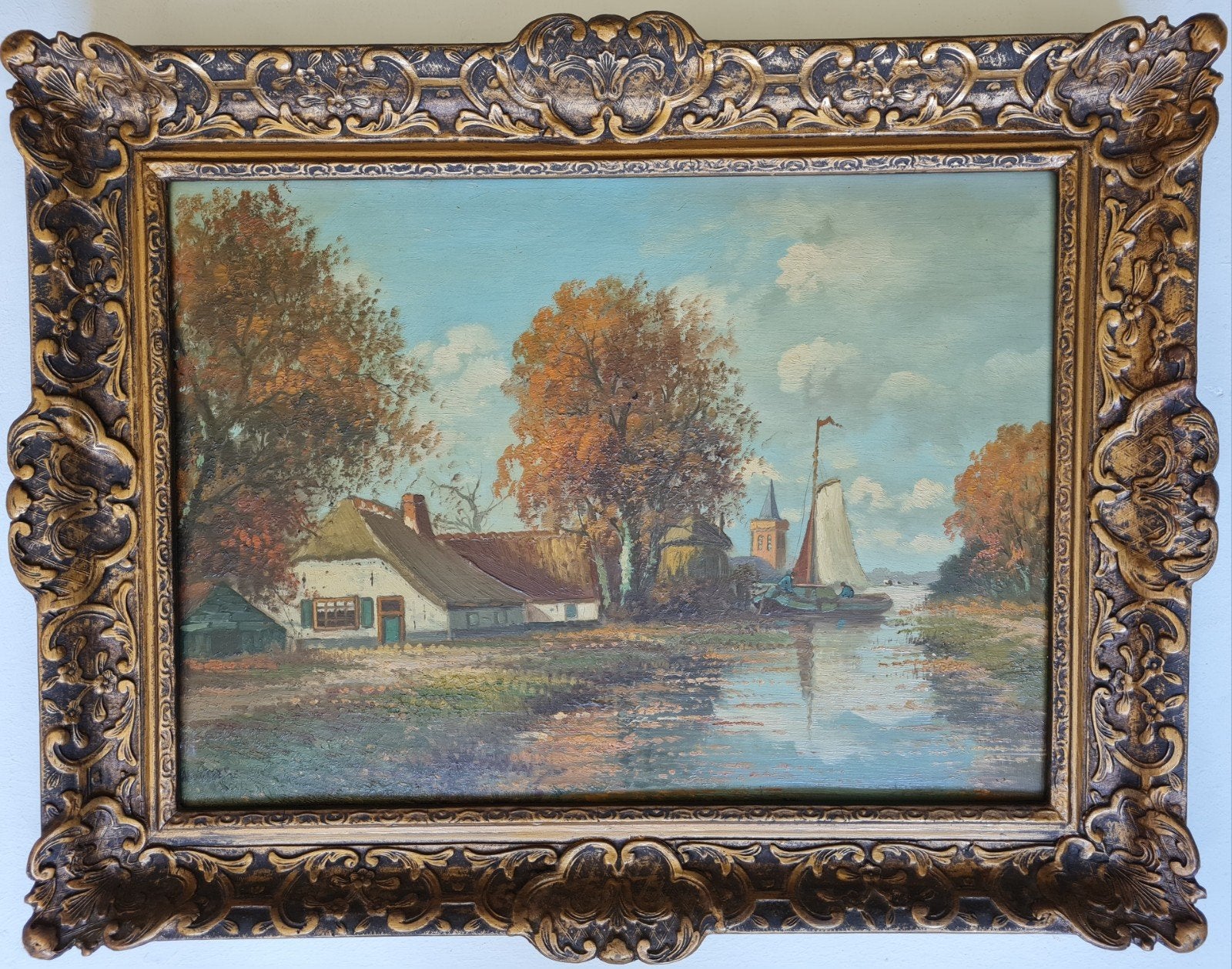 Jan Wouters schilderij ingelijst Hollands landschap, Ophalen, Paneel, Impressionistisch, Landschap