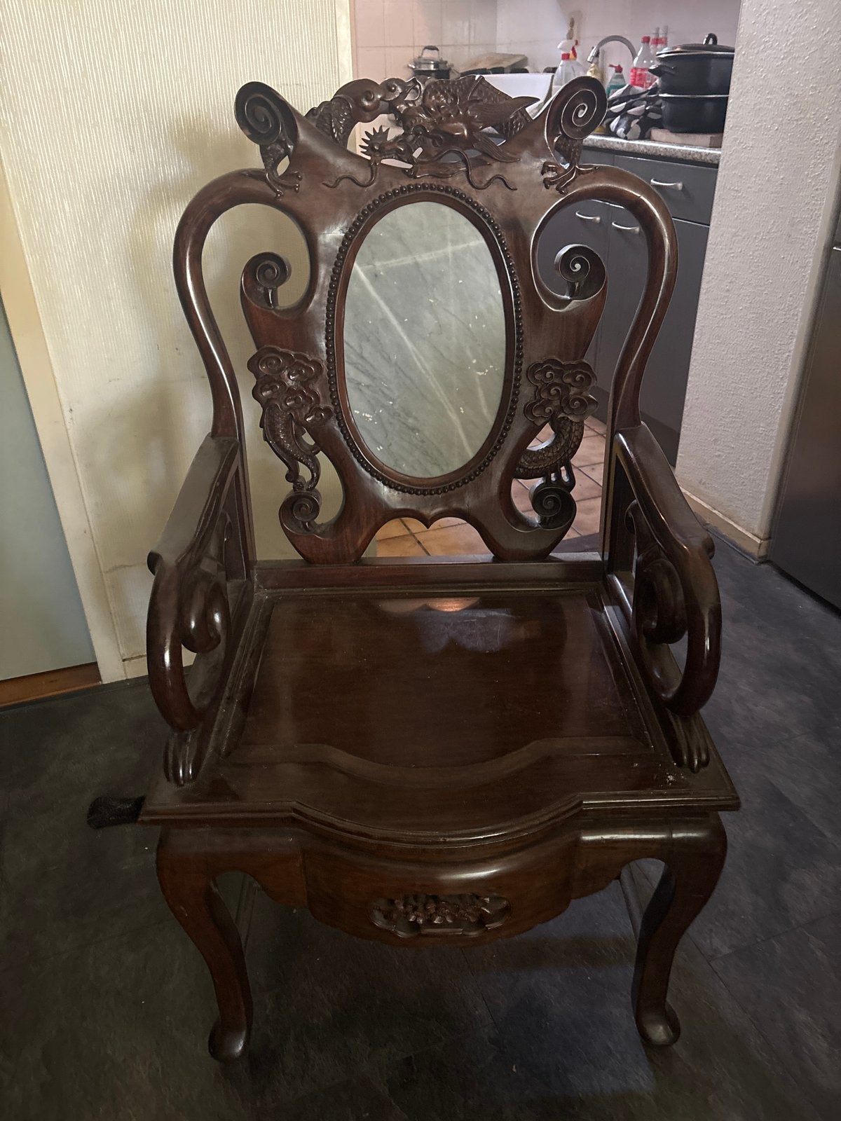 Antieke Chinese houten stoel met marmer rug leuning, Ophalen