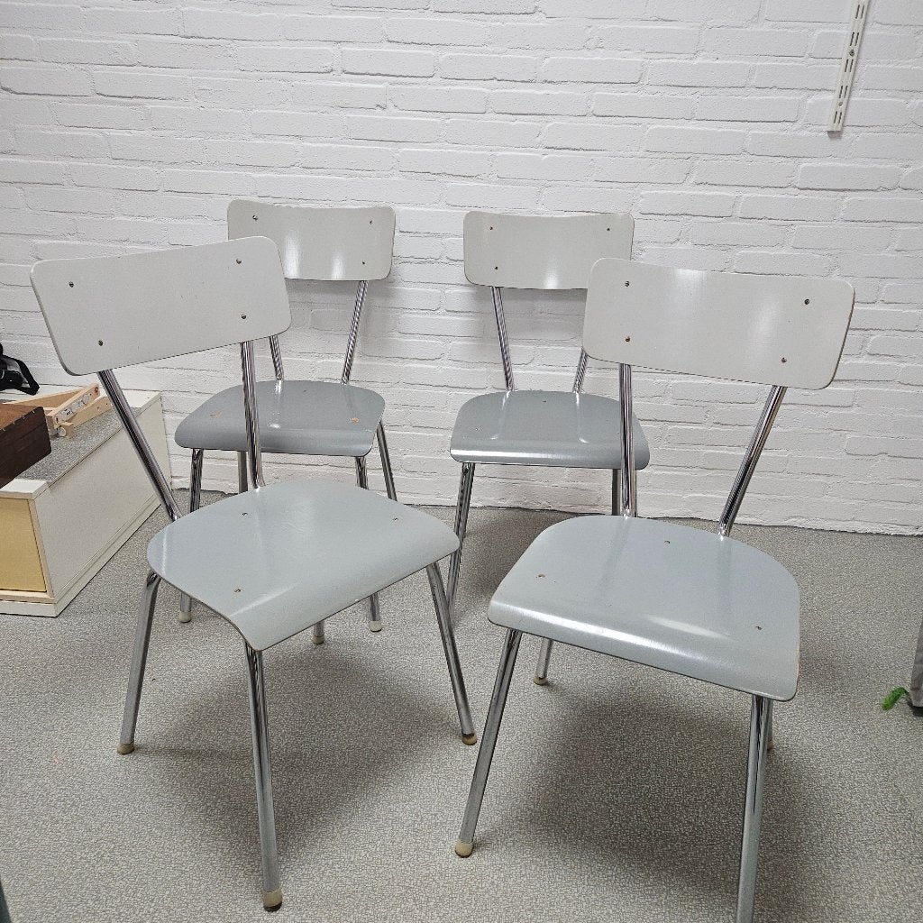 Set van 4 vintage schoolstoelen - Grijs/Chroom, Ophalen, Gebruikt, Vier, Vintage, Retro, Industrieel