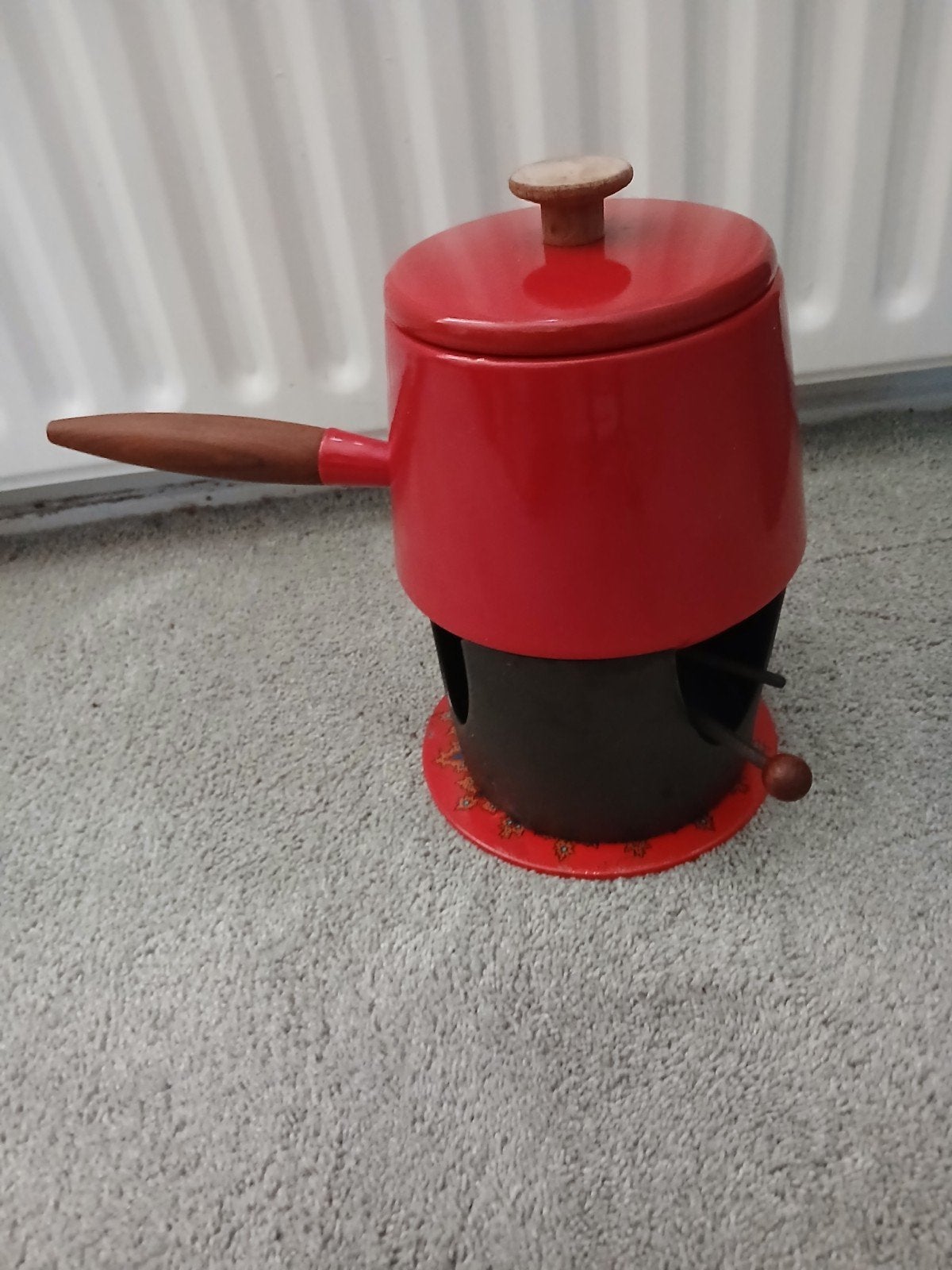 Vintage rode design fonduepan met houten handvat, Ophalen of Verzenden, Gebruikt