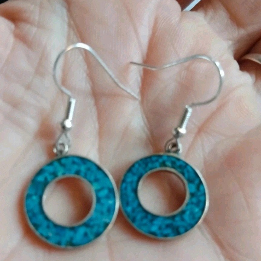 Vintage oorbellen Turquoise ( Alpaca Mexico), Ophalen of Verzenden, Blauw, Overige materialen