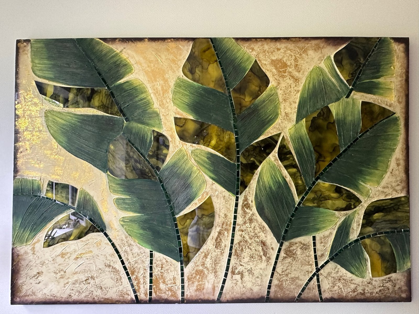 Schilderij met tropische bladeren en mozaïekdetails, Ophalen