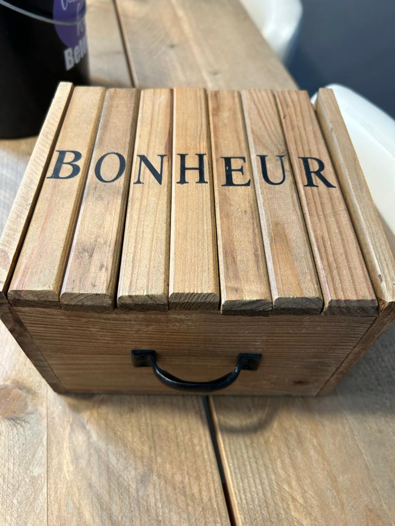 Houten fotoalbum box 'BONHEUR' met insteekhoezen, Ophalen, Zo goed als nieuw, Fotoalbum