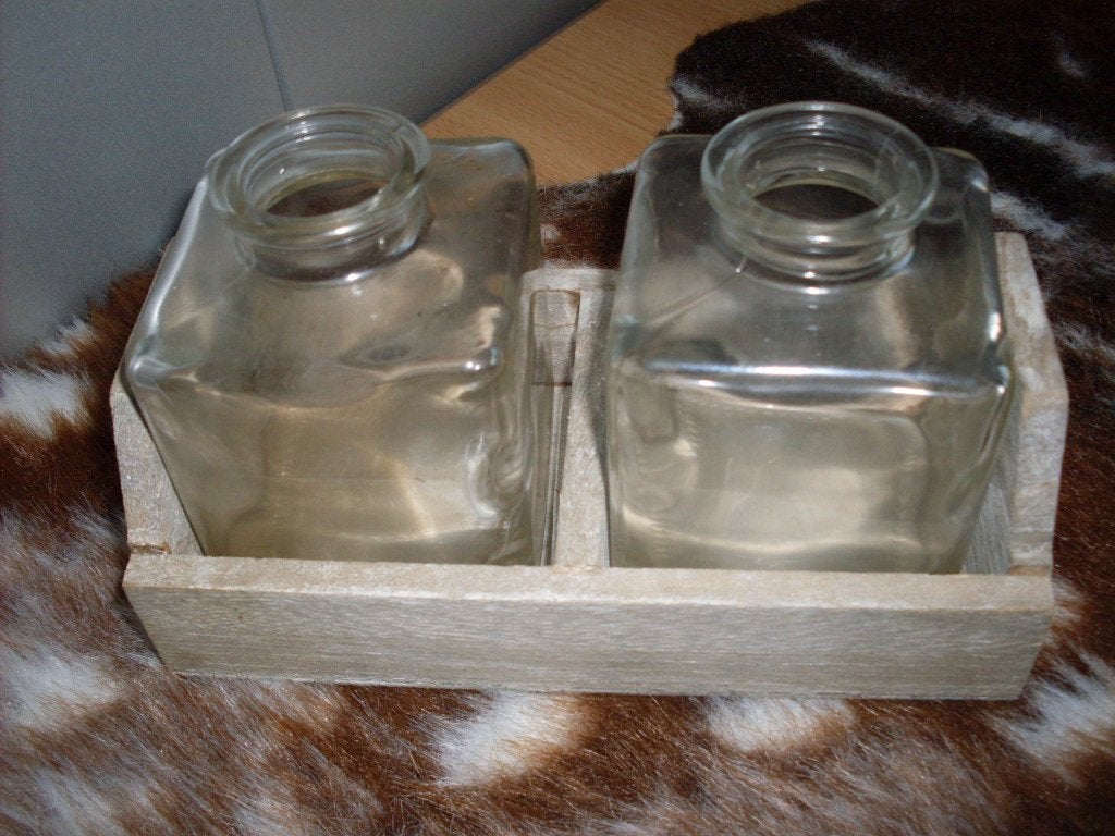 sfeervol decoratie bloemenkistje met 3 stolp vaasjes, Glas, Ophalen, Gebruikt
