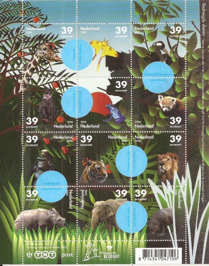 Nederland 2006 Bedreigde dieren velletje NVPH V2441 Postfris, Postzegels en Munten, Ophalen of Verzenden, Postfris