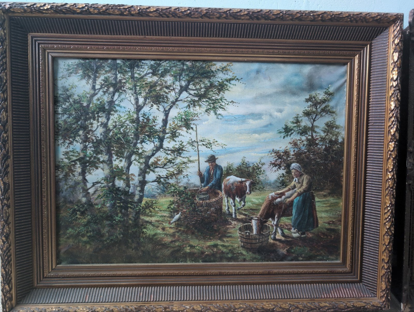 Oud Hollands schilderij: Boerenpaar met vee, Doek, Portret of Personen, Origineel werk, Ophalen of Verzenden