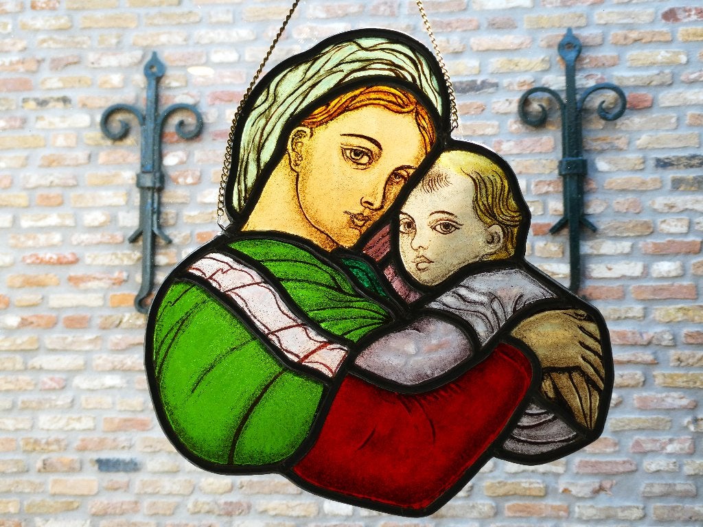 Glas in lood Icoon fragment Madonna Jezus naar Raffaello, Ophalen of Verzenden