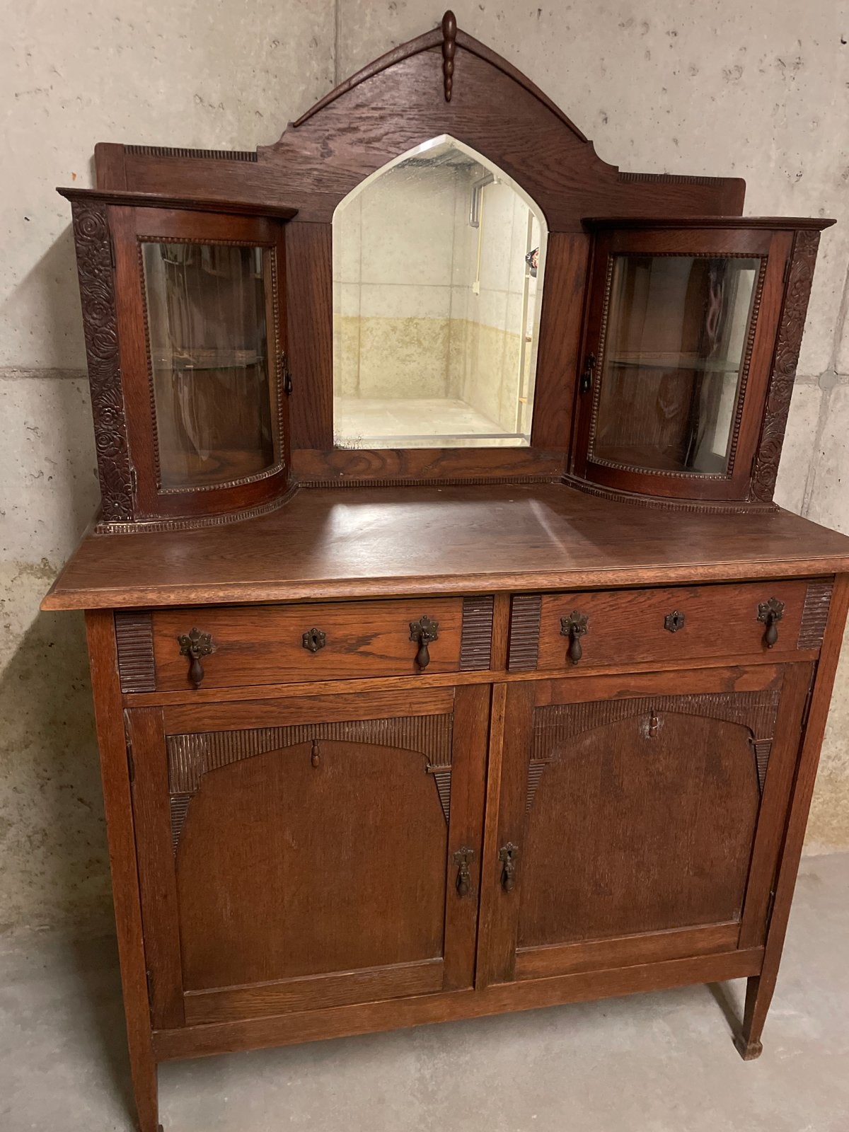 Antiek dressoir met spiegel en vitrinekasten, Antiek en Kunst, Ophalen