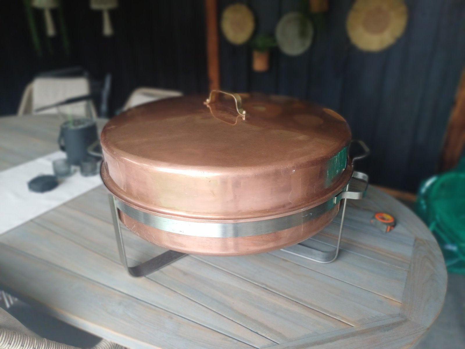 Grote koperen chafing dish met RVS binnenbak, Ophalen of Verzenden, Metaal, Meerkleurig, Overige typen