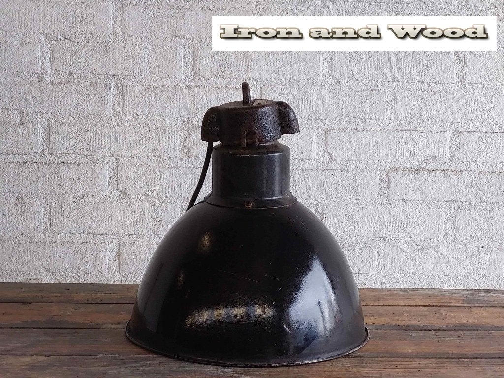 Zwarte vintage emaille oude lamp H35 D34, Ophalen of Verzenden