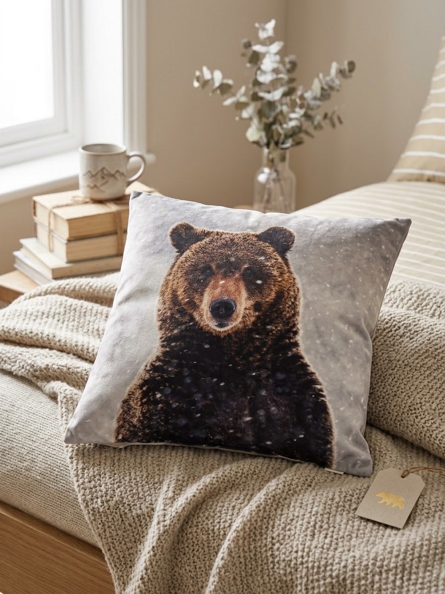 Sierkussen met Bruine Beer Print - Zo Goed als Nieuw, Meerkleurig, Met print, Vierkant, Ophalen of Verzenden