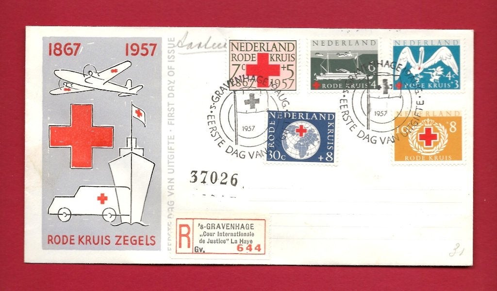 1957 Rode Kruis FDC E31 met gesloten klep e2, Postzegels en Munten, Verzenden, Beschreven, Nederland