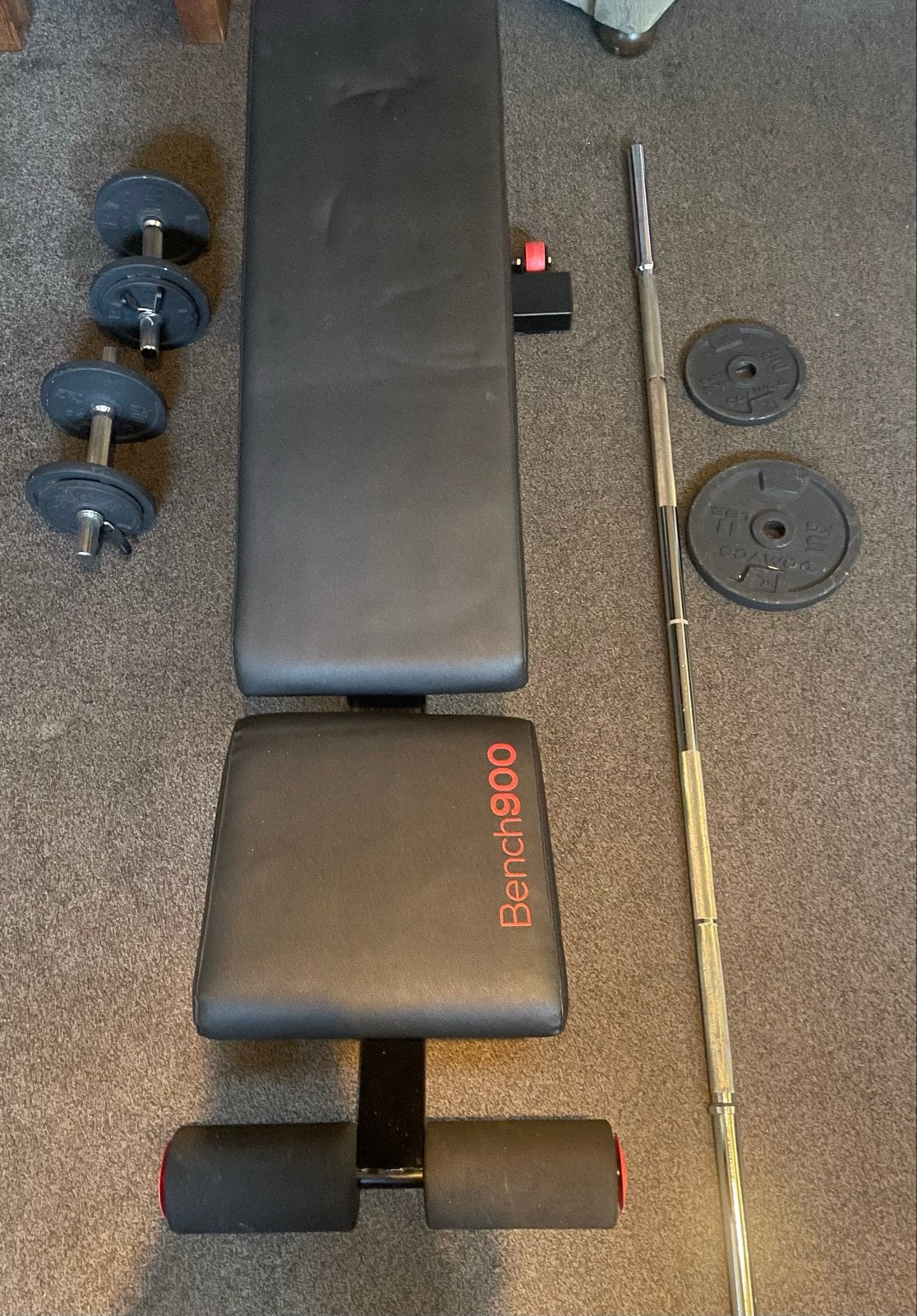 Fitnessbank Bench 900 met halterstang en gewichten, Ophalen, Gebruikt, Armen, Fitnessbank
