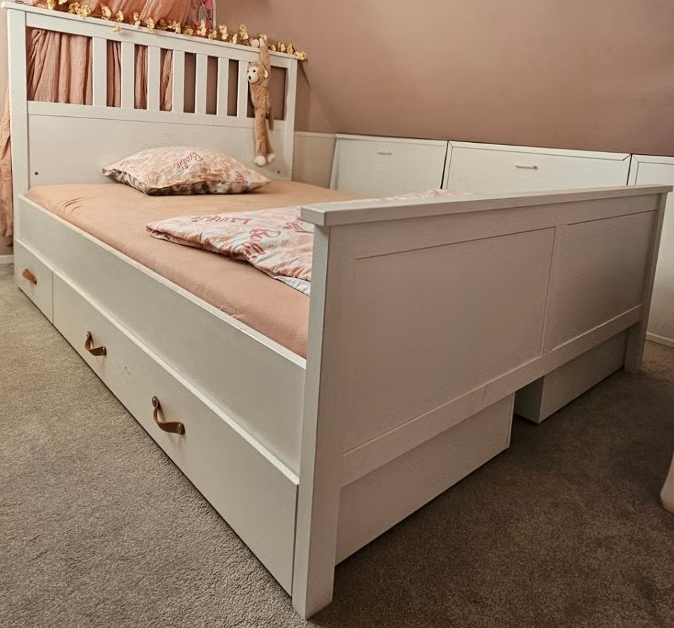 IKEA Hemnes bed 140x200 met lades en lederen handvaten, Ophalen, Wit, Tweepersoons, 140 cm