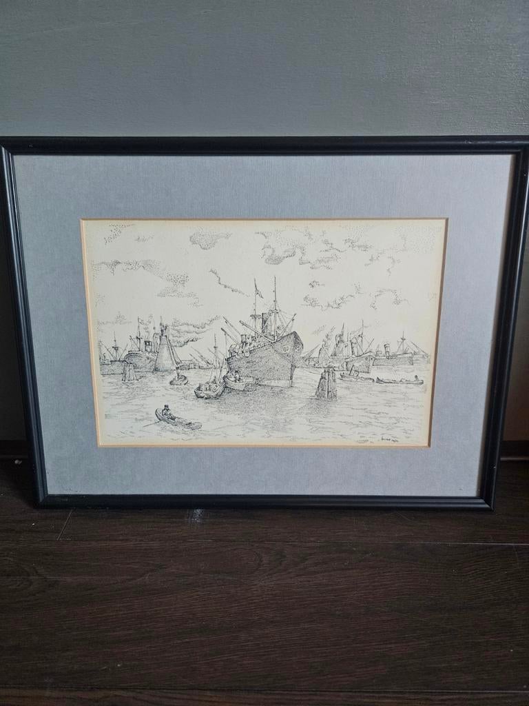 Havengezicht Rotterdam, pointillisme, rond 1950, Antiek en Kunst, Kunst | Tekeningen en Foto's, Ophalen