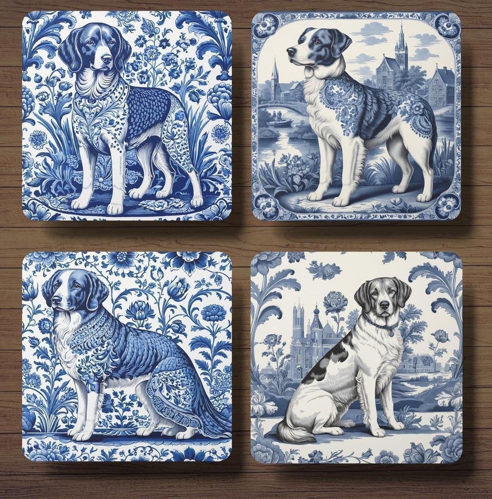 Drentsche Patrijshond Delfts Blauw onderzetters met houder, Ophalen of Verzenden, Nieuw