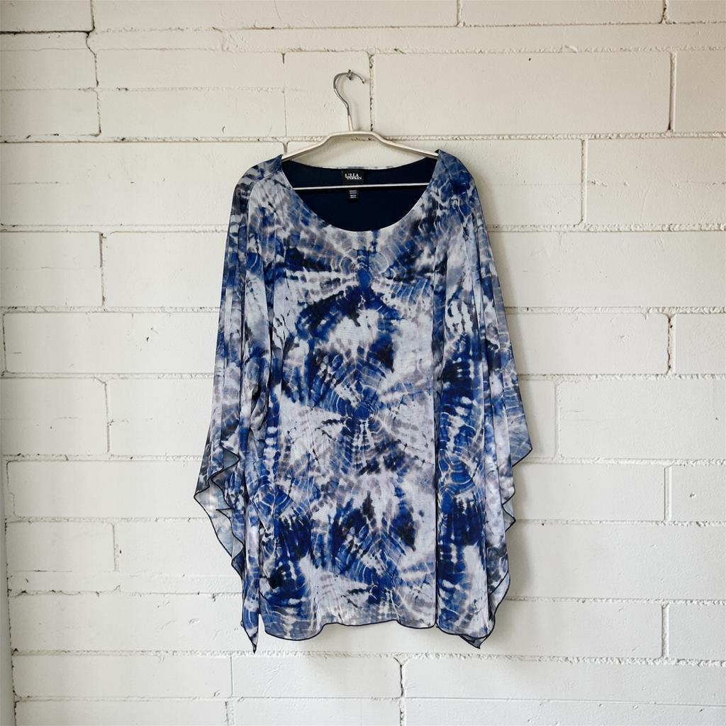 Ulla Popken Blouse Maat 50/52 Blauw Wit Tie Dye Poncho Style, Blauw, Maat 46/48 (XL) of groter, Up, Zo goed als nieuw