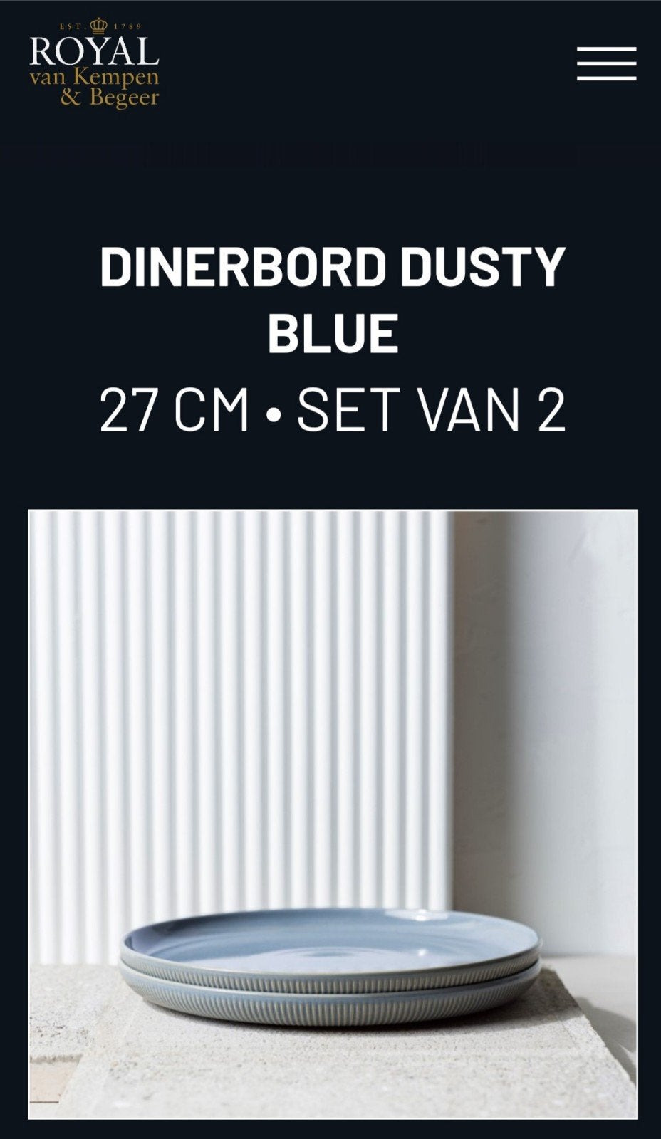 Gezocht Royal van Kempen en Begeer dinerborden dusty blue, Huis en Inrichting, Keuken | Servies, Gebruikt, Ophalen of Verzenden