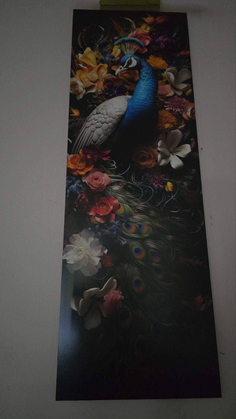Prachtige Pauw met Veren en Bloemen Canvas, Ophalen, Zo goed als nieuw, Schilderij, 75 – 100
